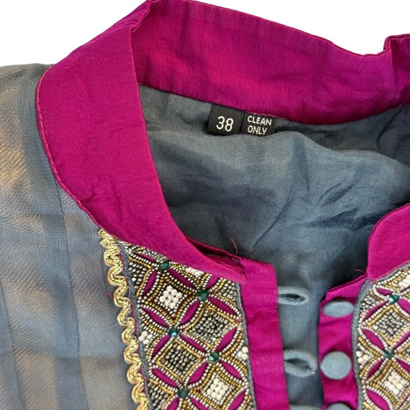 Vintage Indian Anarkali Long Tunic Dress Gray Magenta Beaded Embroidered Size 38 - Picture 9 of 16